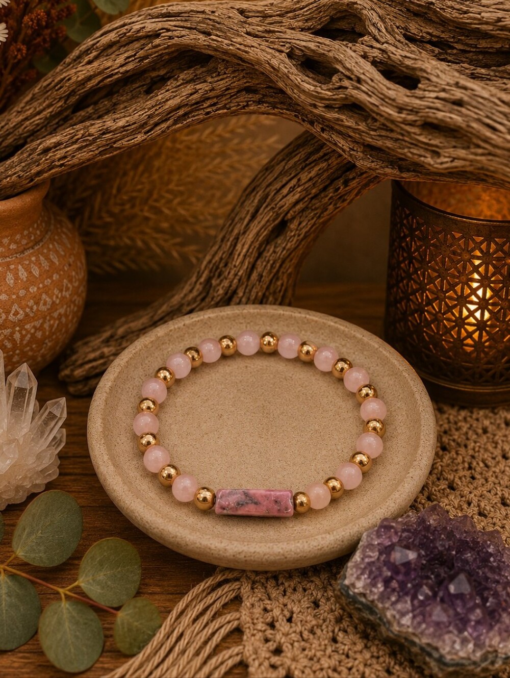 Rose Quartz & Rhodonite Bracelet, Pink Gemstone Stretch Bracelet, Boho Jewelry